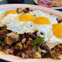 Skirt Steak Skillet · sliced skirt steak, mushrooms grilled onions, green peppers, jack cheese