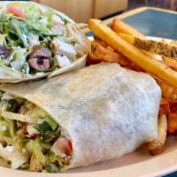 Mediterranean Chicken Wrap · Grilled chicken breast, fresh spinach, crisp lettuce, feta cheese, kalamata olives, tomato, ...