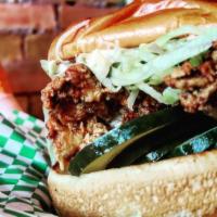 Fried Chicken Sandwich · Buttermilk fried vegan chicken sweet and spicy pickles, Cry Baby Craig's mayo, lettuce.