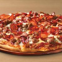 Meat Deluxe Pizza · Family recipe pizza sauce and provolone, topped with lots of pepperoni, sausage, ground beef...