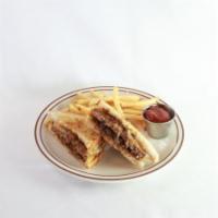 Patty Melt (Gf) · 1/3 pound beef patty, grilled onions, muenster, cheddar cheese & bacon jam on a griddled glu...