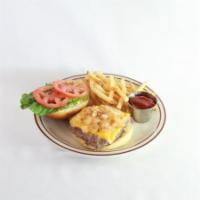 Cheeseburger (Gf) · 1/3 pound beef patty, american cheese, lettuce, tomato, grilled onions & house sauce on a gr...