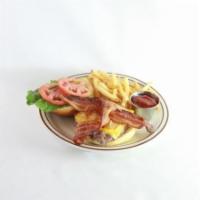 Bacon Cheeseburger (Gf) · 1/3 pound beef patty, american cheese, lettuce, tomato, grilled onions & house sauce with th...