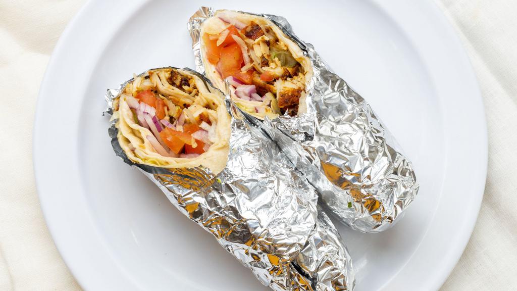 Chicken Shish Kabob Wrap · Marinated chicken breast cooked on a skewer in lavash.