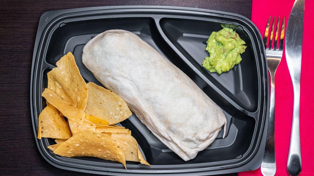 Burrito · Choice of meat, side of chips & guacamole.