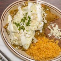Chilaquiles Con Salsa Verde Y Huevos · Deep fried corn tortilla topped with onions, cilantro, eggs (any style), green or red sauce,...