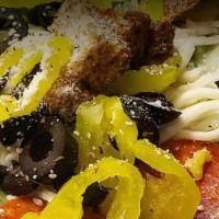 Big Italian Salad · Serves 2 to 3. Romaine, tomatoes, cucumber, pepperoni, croutons, banana peppers, black olive...