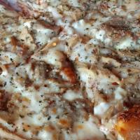 Bayou Pizza · Grilled chicken, andouille sausage, Pepper Jack cheese and creole seasoned white sauce.