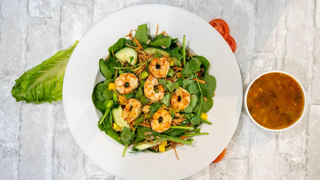 Thai · Spinach blend topped w/marinated gulf shrimp, carrots, cucumber, edamame, crispy rice noodles, cilantro leaves, cashews, mango, sunflower seeds. lime squeeze, sesame seed dressing.