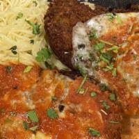 Chicken Parmesan · House breaded with Italian seasonings and fresh parmesan and fried with melted four cheese b...