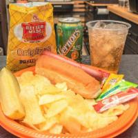 Deer Camp™ Beef Hot Dog, Bag Of Potato Chips & Soda (Combo 1) · Enjoy a DEER CAMP™  Beef Hot Dog On Bun, Made In Michigan Bag of Potato Chips, and a can of ...