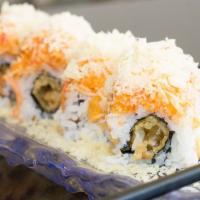 American Dream Roll · Spicy. Rock shrimp tempura inside, topped with spicy lobster and spicy crab meat with spicy ...