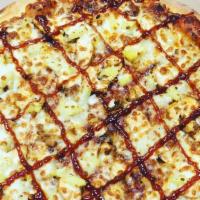 Bbq Chicken Pineapple Pizza · Grilled chicken breast, BBQ sauce and pineapple. Halal.