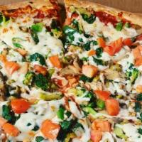 Veggie Lovers Pizza · Broccoli, mushrooms, spinach, onions, green olives, tomatoes, green peppers.