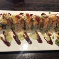 Fire On Fire Maki ( Cooked) · Shrimp tempura, avocado, cream cheese & crunchy inside. topped with baked scallop, crabmeat,...