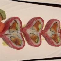 True Roll · Spicy tuna, crunchy, and avocado inside, wrapped with fresh tuna in shape of a heart.
