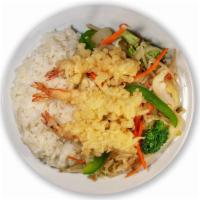 Shrimp Tempura (6 Pieces) - D · Served with miso soup salad & rice.
