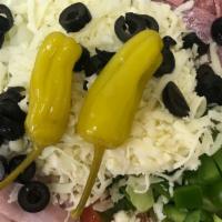 Antipasto · Lettuce, tomatoes, onions, green peppers, black olives, mozzarella, pepperoncini, ham and sa...