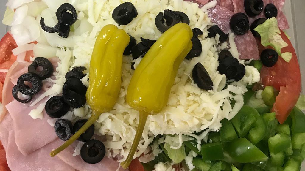Antipasto Salad (Individual) · Lettuce, tomatoes, onions, green peppers, black olives, mozzarella, pepperoncini, ham and salami.