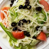 Garden Salad · Lettuce, tomatoes, green peppers, onions, mozzarella cheese, and black olives.