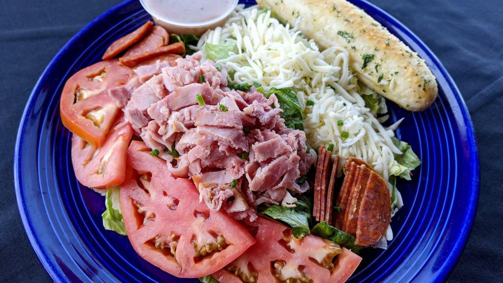 Antipasto Salad · Sliced pepperoni, shredded Dearborn ham, house cheese blend, tomatoes, red onions, kalamata olives, pepperoncini peppers and fresh mixed greens