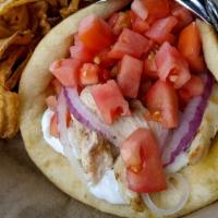 Char-Chicken Gyro · Char-broiled chicken breast, red onions, diced tomatoes and topped with tzatziki sauce