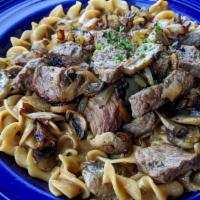 Beef Stroganoff · Sirloin tips, fresh sliced mushrooms and onions sautéed and served over egg noodles