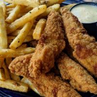 Chicken Strips · Strips of tender chicken breast lightly breaded and served golden with choice of BBQ, honey ...