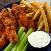 Buffalo-Style Chicken Strips · Served with celery stick and bleu cheese dressing