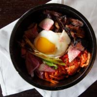 Pulled Beef Bibimbap · Smoked soy sauce, shiitake mushrooms, brinery kimchi, pickled vegetables, basmati rice, scal...