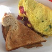 Omelets With Toast · Your choice of bell pepper, onion, mushrooms, and cheese. Add any meat for an additional cha...