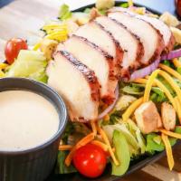 Smoked Chicken Salad · Our Smoked chicken on top of a bed of fresh cut field greens, spinach, carrots, grape tomato...