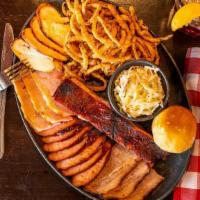 Oklahoma Sampler · Over 1lb of meat! Brisket, sausage, chicken, pulled pork & a rib. Served with a roll and two...