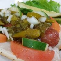 Chicago Dog Combo With Fries & Pop · Hot dog in a poppy seed bun topped with picked cucumber sport peppers, sliced tomatoes wet r...