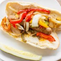 Italian Sausage & Pepper Dog · Italian sausage with sauteed onions, bell peppers, in a hoagie and coleslaw.