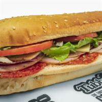 Cheese Burger Italiano · Made with fresh bread, USDA grade A meats, cheese, onions, lettuce, tomatoes, and dressing.