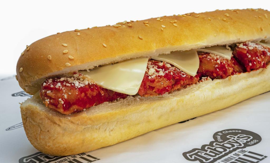 Chicken Parmesan Sub · Made with crispy chicken, pizza sauce, melted cheese, Parmesan cheese, fresh bread, USDA grade A meats.