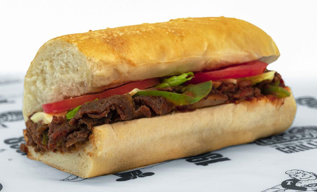 Small Loaded Steak · Steak, cheese, pizza sauce, mushrooms, green peppers, onions, lettuce, tomatoes, tubby's famous dressing.