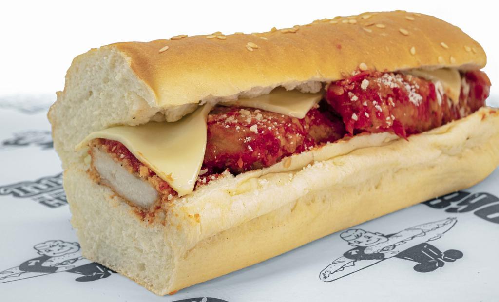Chicken Parmesan Sub · Made with crispy chicken, pizza sauce, melted cheese, Parmesan cheese, fresh bread, USDA grade A meats.