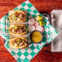  Authentic Soft Tacos · 3 tacos of your choice of Steak or Chicken along with cilantro infused diced onions and home...