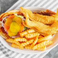 Comeback Fish Sandwich With Side · 3 Strips of Fish with Lettuce, Tomato, Onions, and Pickles & 1 Small Side.