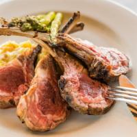 Frenched Colorado Lamb Chops · Gluten-Free. Double bone chops, prime mashed potatoes, grilled asparagus.