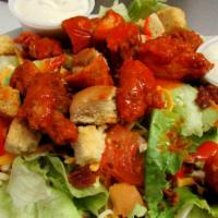 Buffalo Chicken Salad · Mixed greens topped w/ cheddar Jack cheese, bacon, croutons, diced tomato, grilled or breade...