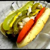 The Windy City Dog · A fried dog topped w/ relish, mustard, diced onion, tomato slices, a kosher dill spear, spor...