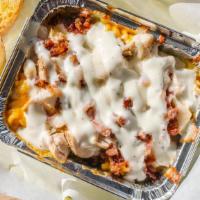 Medium Chicken Bacon Ranch Mac  N Cheese · Cheddar, mozzarella and seasoned baked chicken breast. Topped with bacon, ranch dressing and...