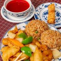 Sweet & Sour Vegetarian Chicken · Light breaded vegetarian chicken stir fried with pineapple, onions and green pepper in Chine...