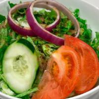 House Salad · Lettuce blend, red onions, tomatoes, cucumber. Gluten-free.