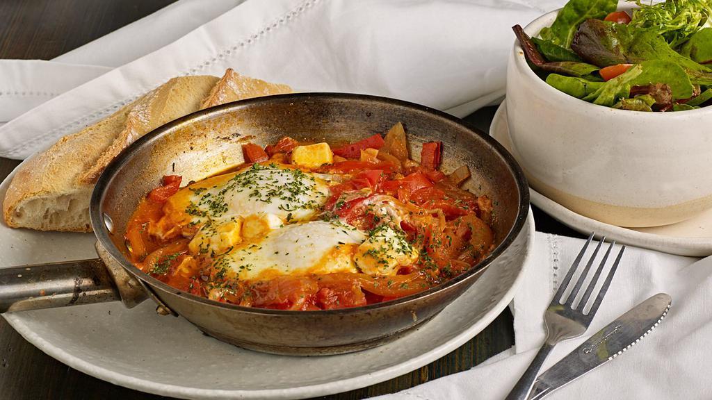 Ratatouille · Vegetarian. Organic farm eggs and cubes of feta baked in a red sauce made with sweet red tomatoes and bell peppers.