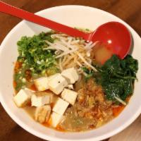 Spicy Vegan · Creamy vegetable broth (no dairy): tofu, scallions, spinach, spicy bean sprouts, fried onion...