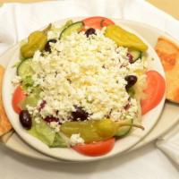 Greek Salad · Lettuce, tomato, onions, cucumber beats, olives, pepperoncini, feta cheese. NO MEAT